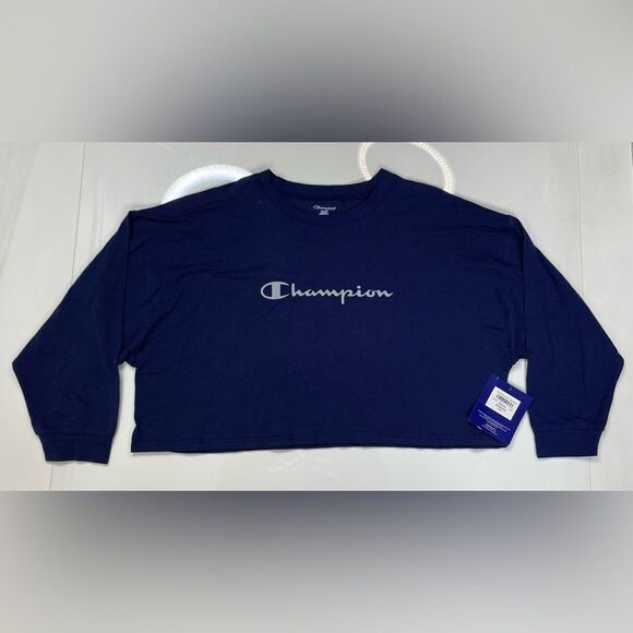 Champion Crop Graphic Sleep T-shirt Women Medium Oversized Blue Long Sleeve NWT - Picture 1 of 6